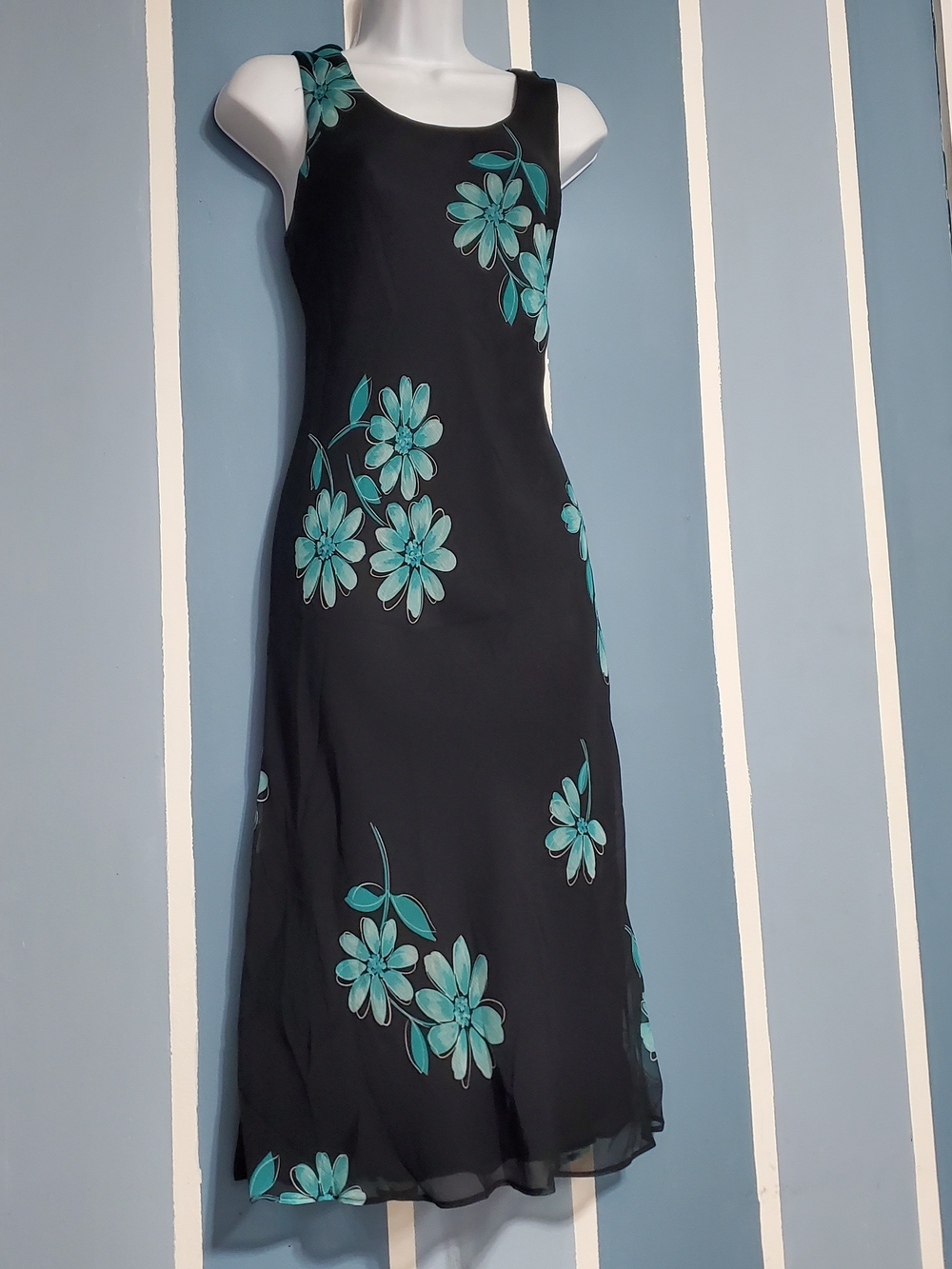 Studio I Vintage Black Maxi Dress with Teal Floral Motif